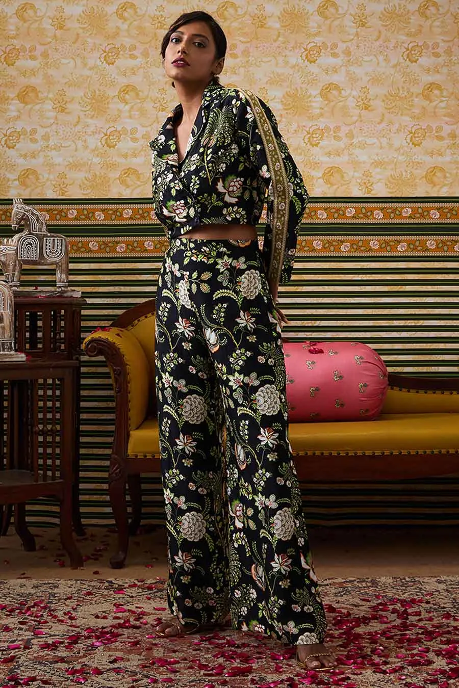Black Mehr Printed Crop Blazer & Pant Co-Ord Set