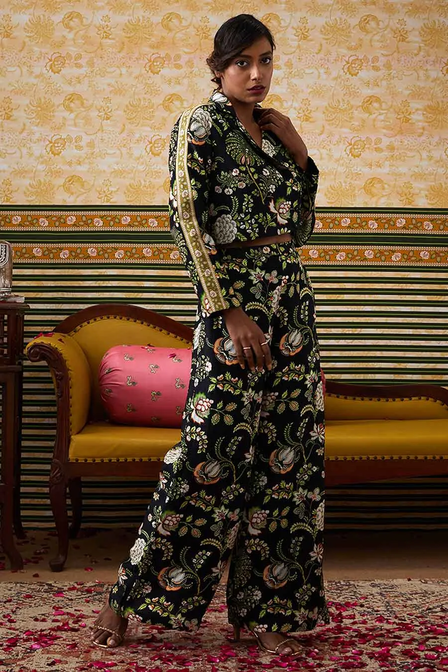 Black Mehr Printed Crop Blazer & Pant Co-Ord Set