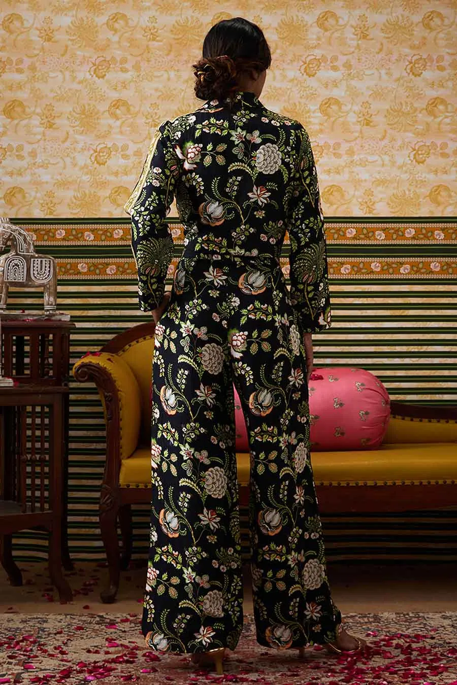Black Mehr Printed Crop Blazer & Pant Co-Ord Set