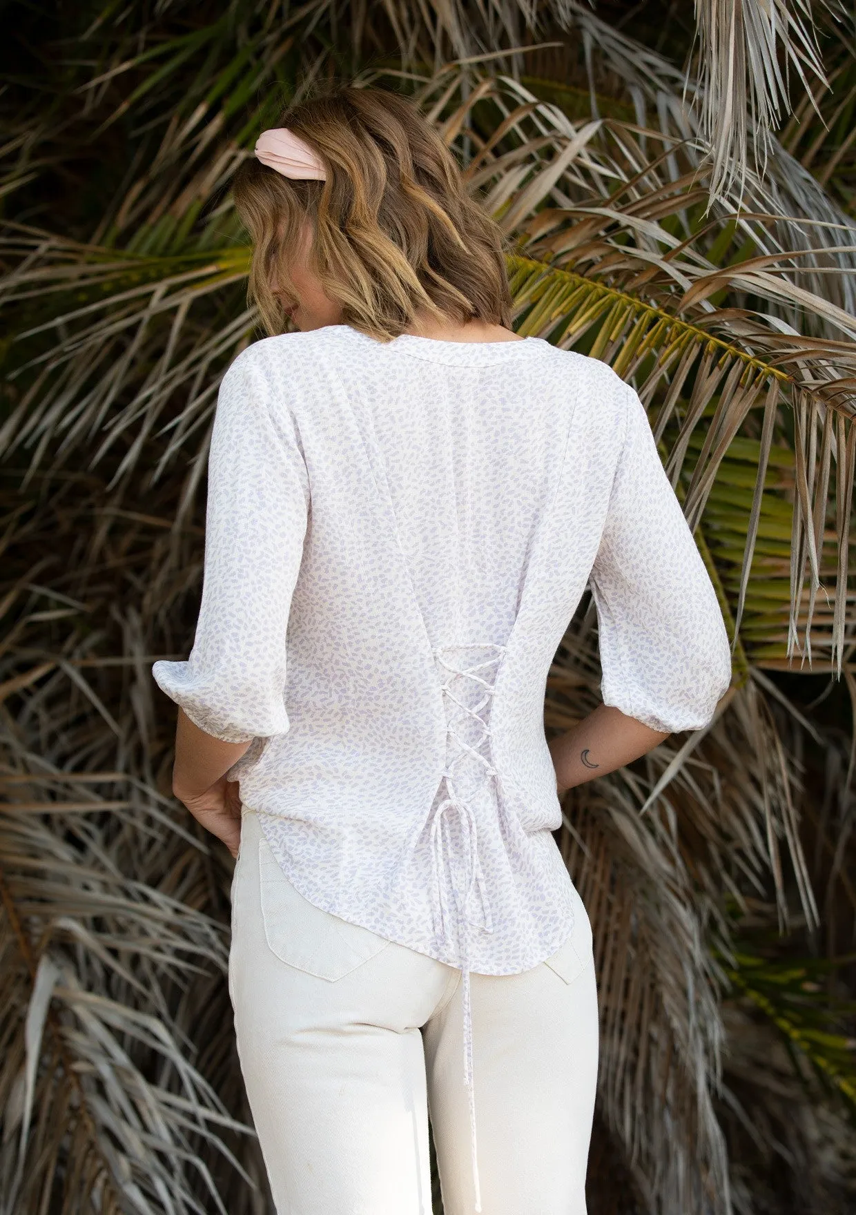 Bohemian Dotted Lace Up Back Flowy Blouse