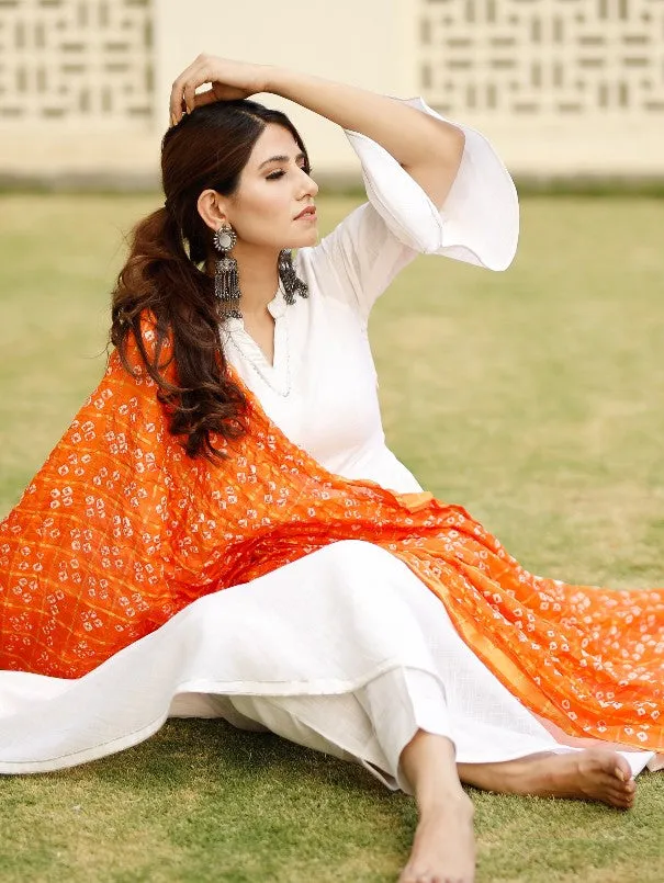 Bright White Orange Bandhej Dupatta Cotton Anarkali Kurta Set (Set of 3)