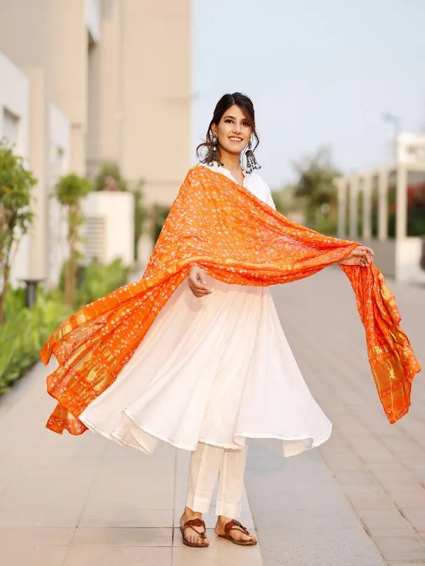 Bright White Orange Bandhej Dupatta Cotton Anarkali Kurta Set (Set of 3)