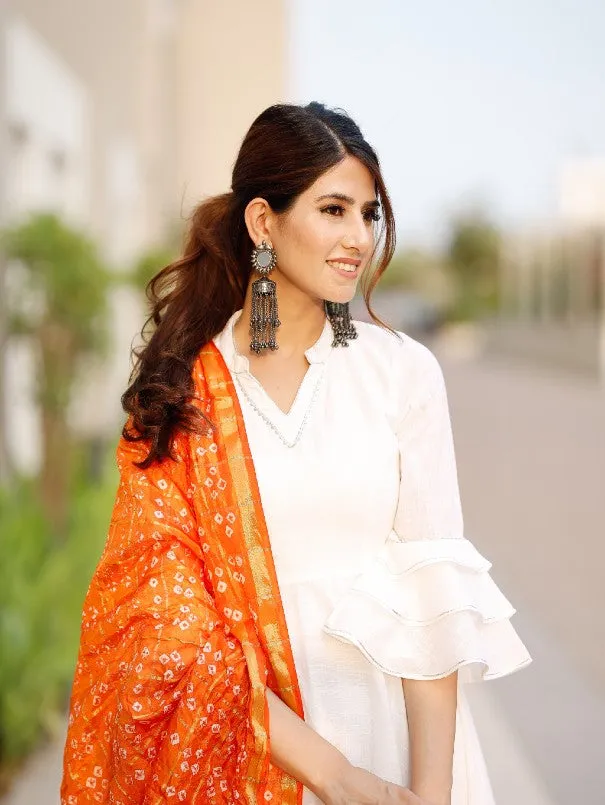 Bright White Orange Bandhej Dupatta Cotton Anarkali Kurta Set (Set of 3)
