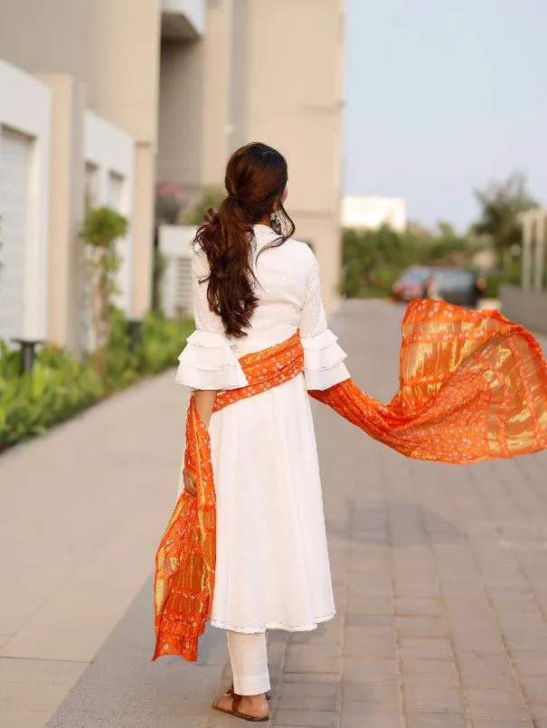 Bright White Orange Bandhej Dupatta Cotton Anarkali Kurta Set (Set of 3)