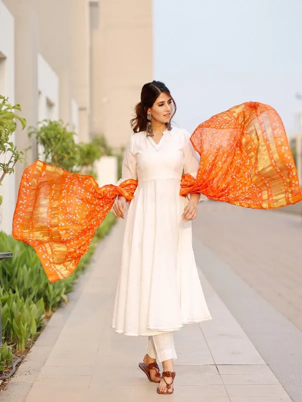 Bright White Orange Bandhej Dupatta Cotton Anarkali Kurta Set (Set of 3)