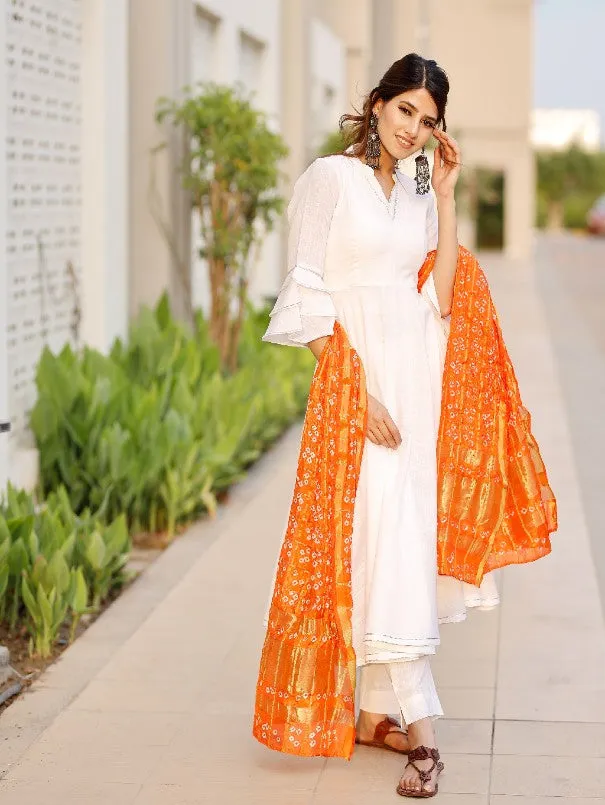 Bright White Orange Bandhej Dupatta Cotton Anarkali Kurta Set (Set of 3)