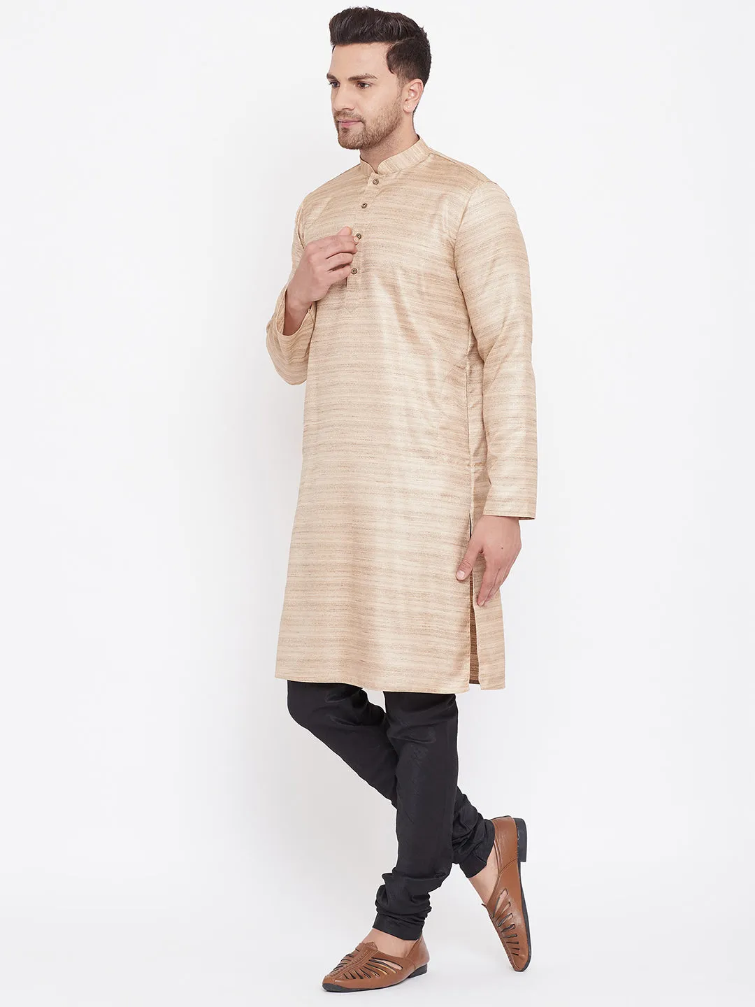 Jashvi Men's Beige And Black Silk Blend Kurta Pyjama Set