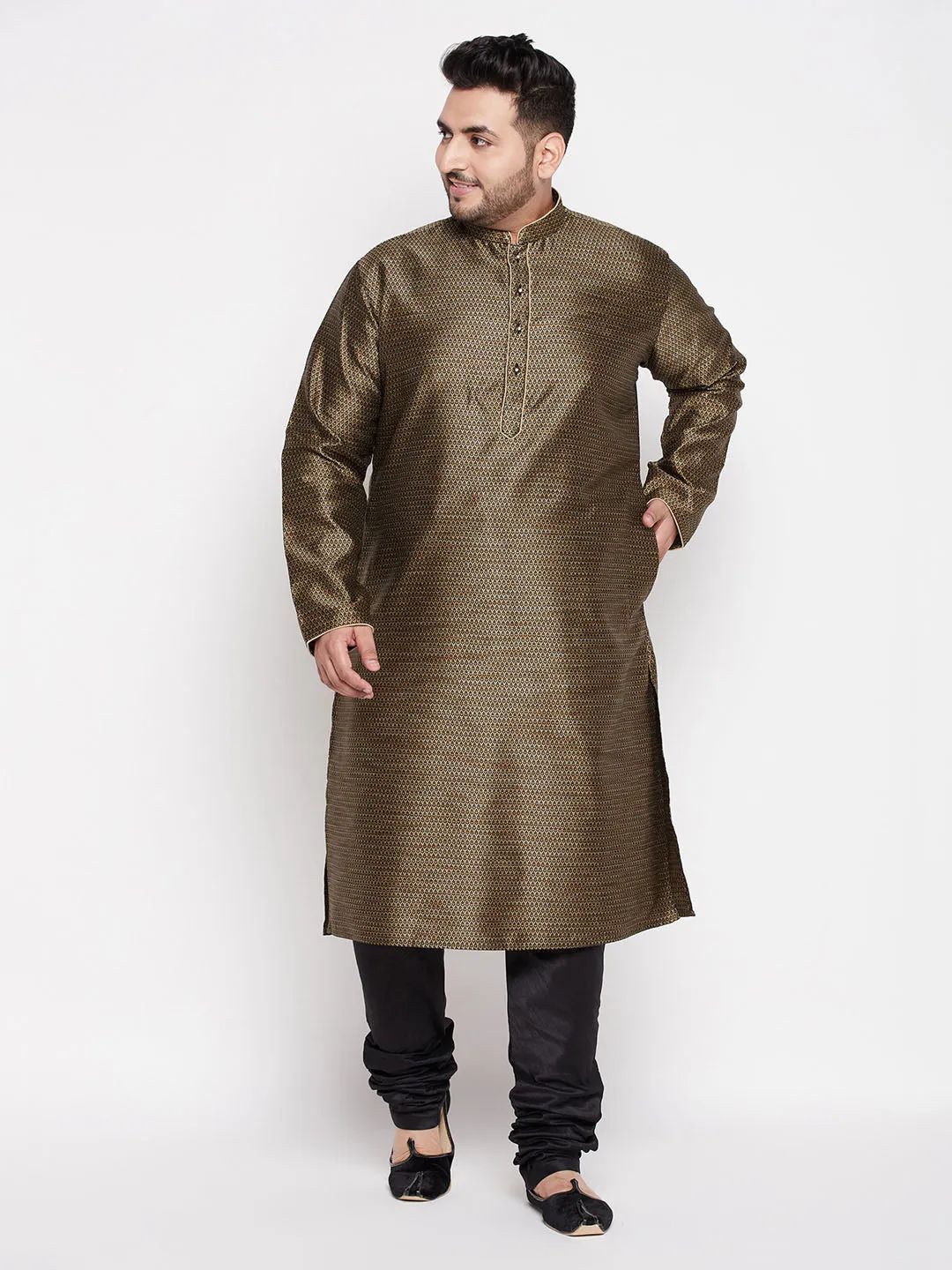 Jashvi Men's Plus Size Black Woven Kurta And Pyjama Set