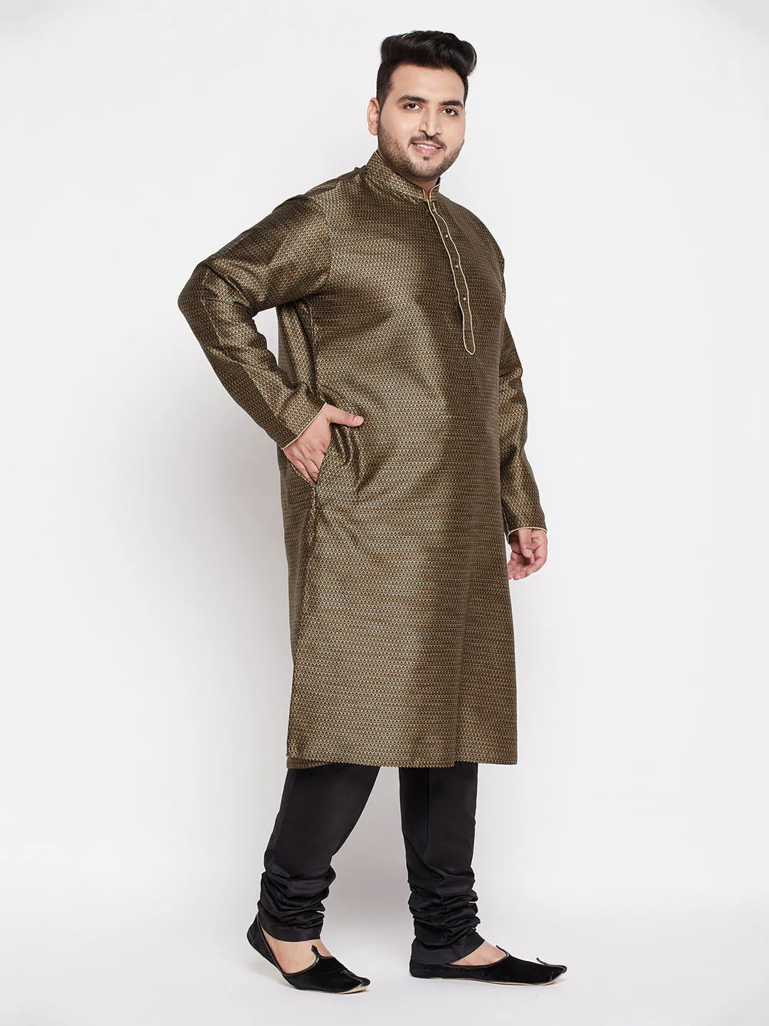 Jashvi Men's Plus Size Black Woven Kurta And Pyjama Set