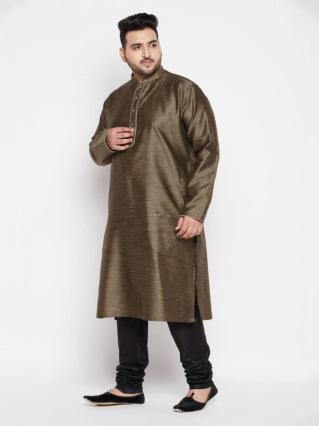 Jashvi Men's Plus Size Black Woven Kurta And Pyjama Set