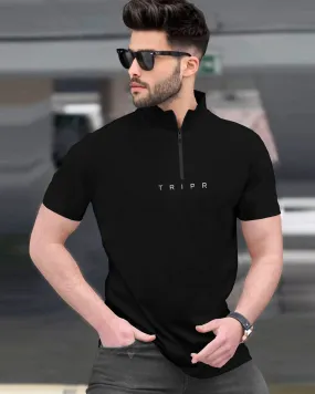 Men High Neck Black Zip Up Half Sleeve T-shirt