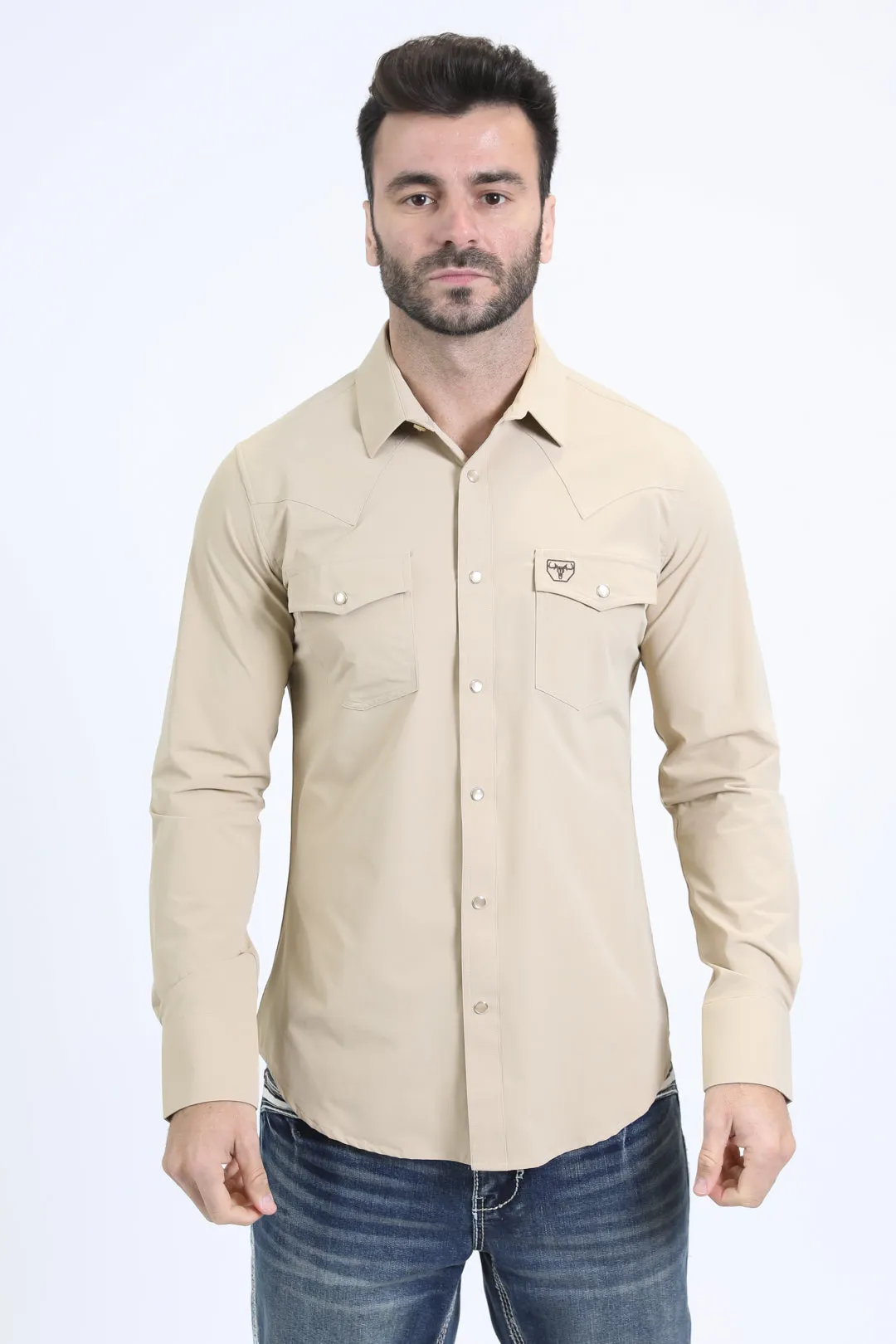 Men's Performance Western Long Sleeve Beige Shirt