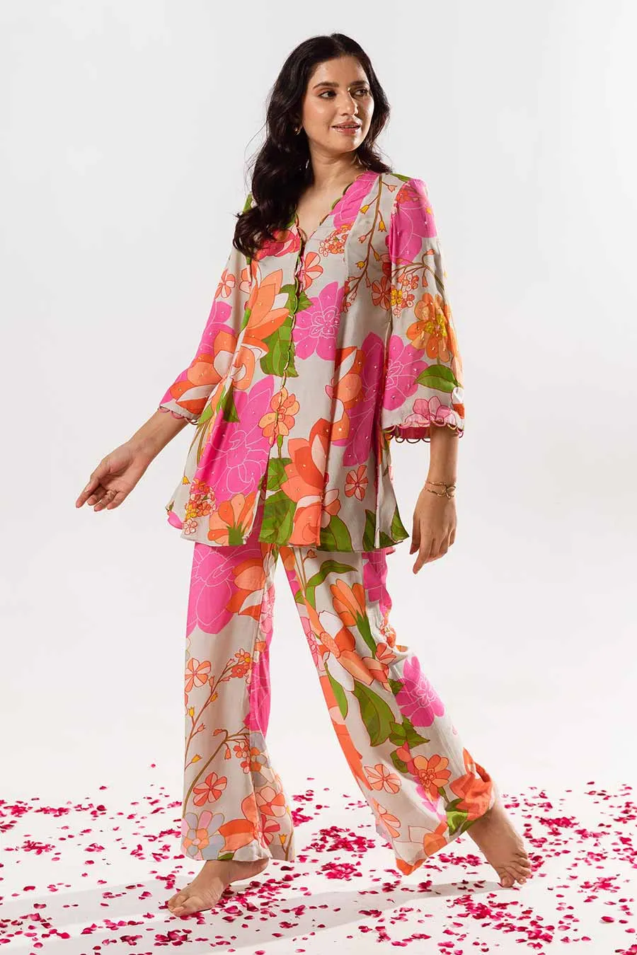 Multicolour Printed Top and Pant Co-ord Set