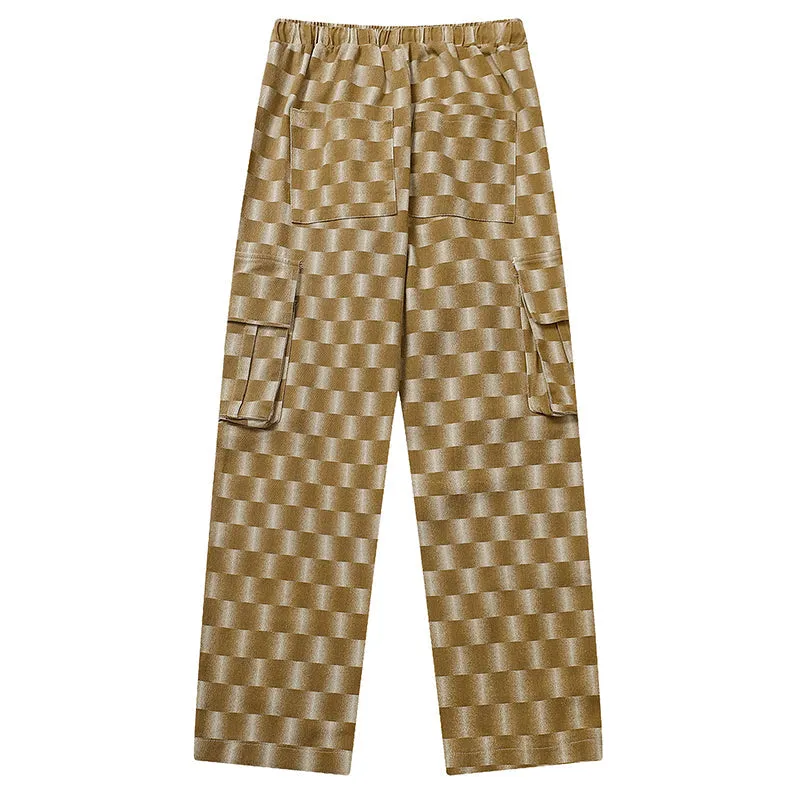 PopFlying Casual Straight Cargo Pants Checkerboard