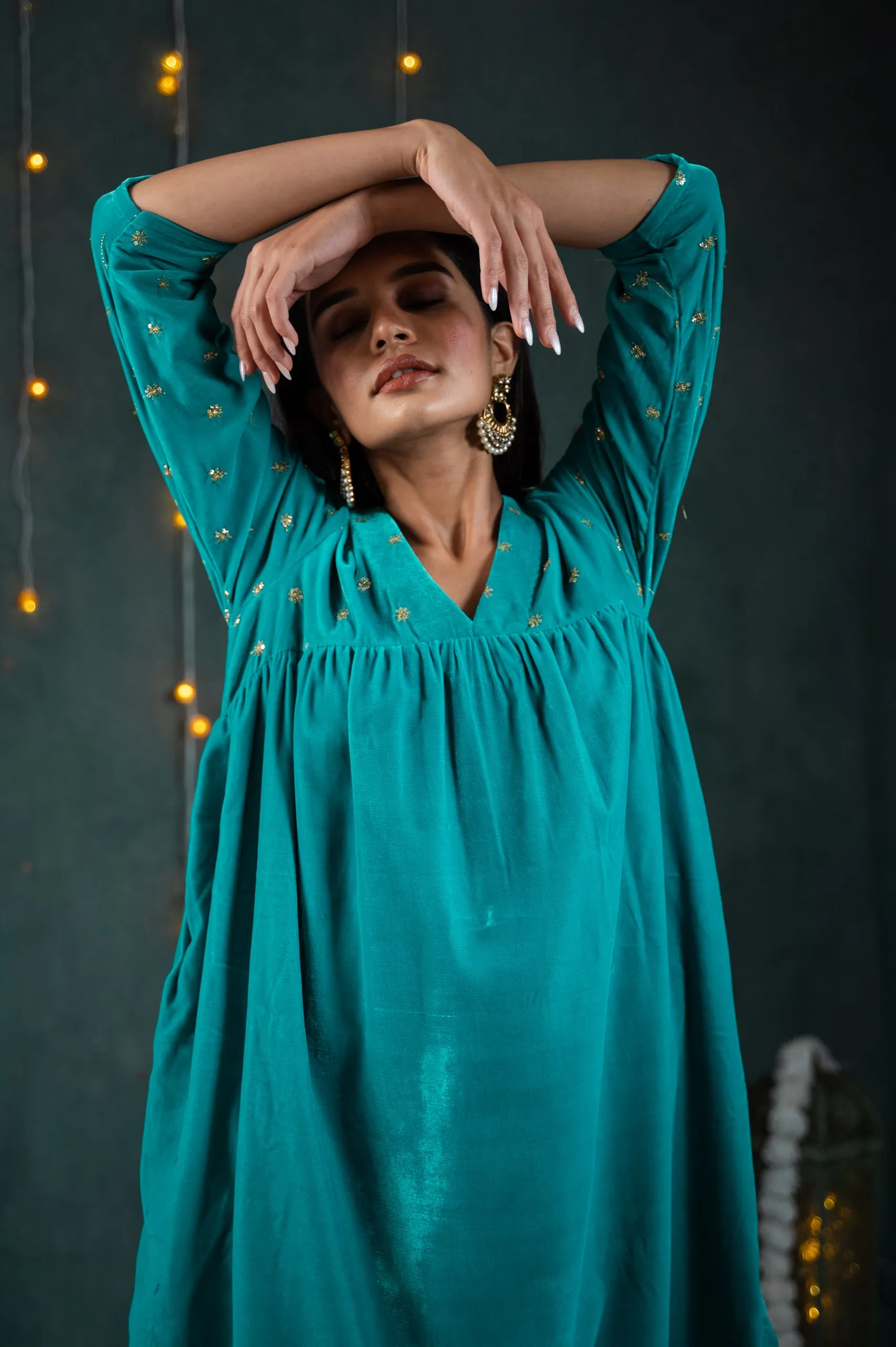 SET Sky Blue Velvet with Sequined Sleeves and Yoke