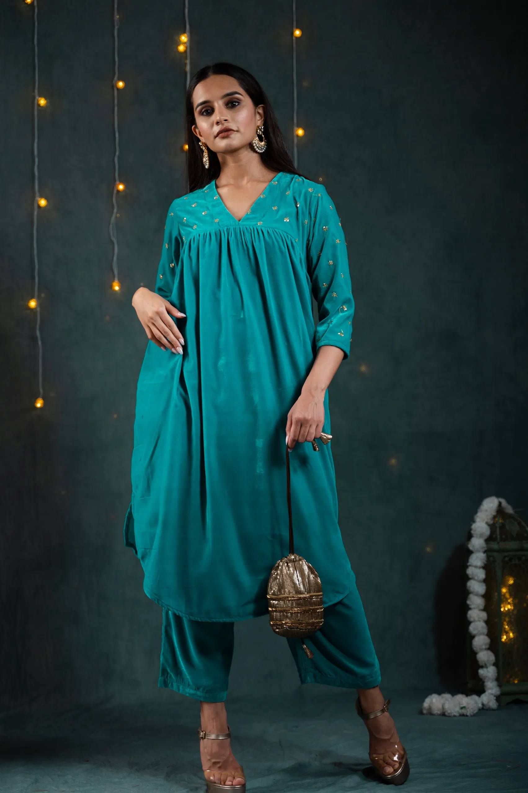 SET Sky Blue Velvet with Sequined Sleeves and Yoke