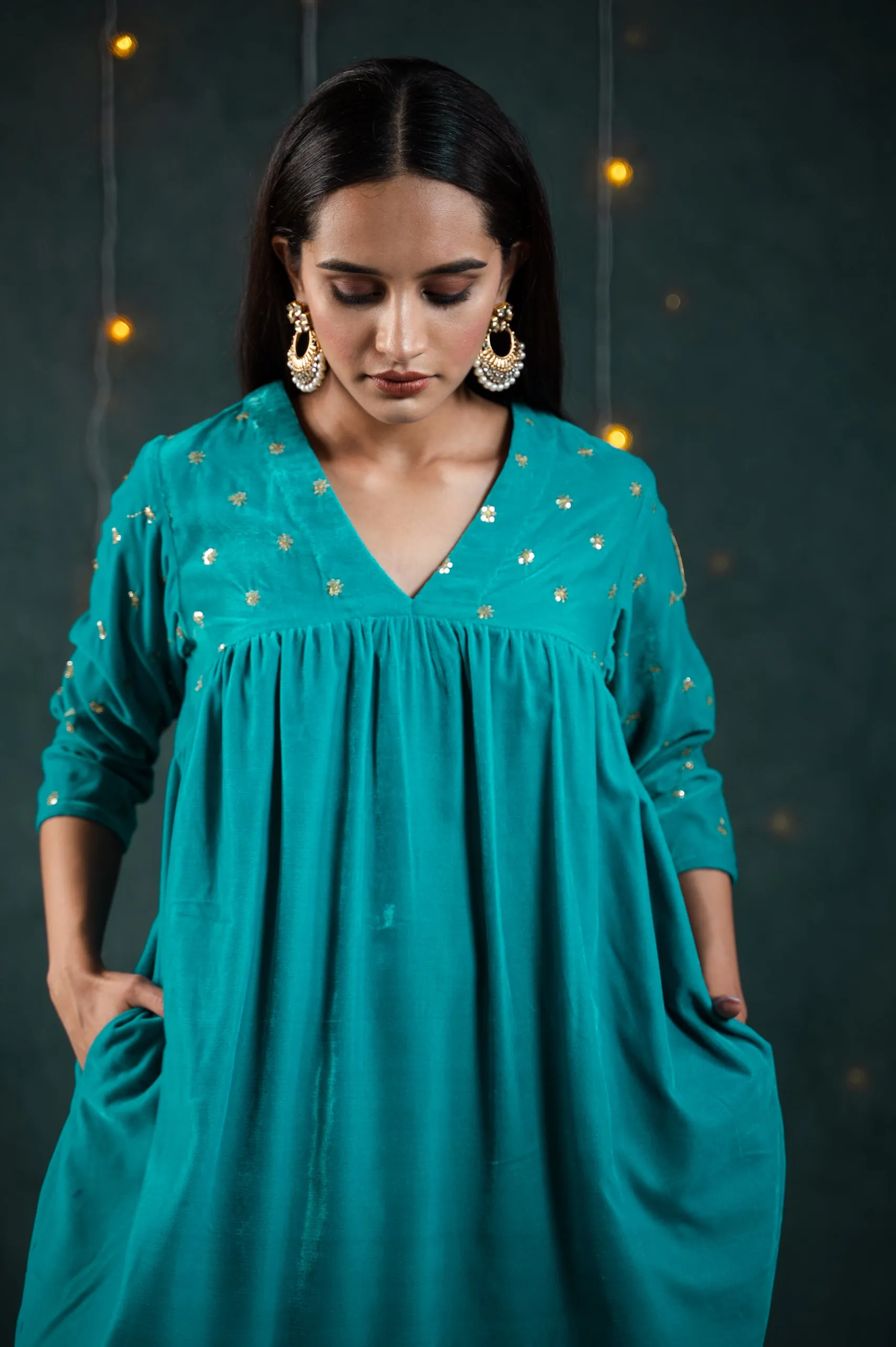 SET Sky Blue Velvet with Sequined Sleeves and Yoke