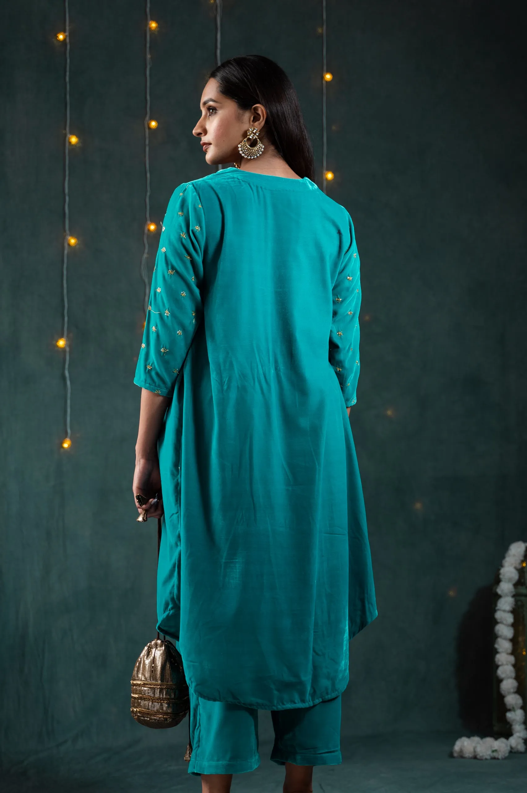SET Sky Blue Velvet with Sequined Sleeves and Yoke