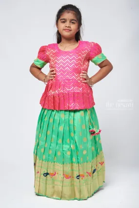 Trendy Zig Zag Pink Peplum Blouse with Zari Butta Green Pattu Pavadai: Heritage Silk Collection
