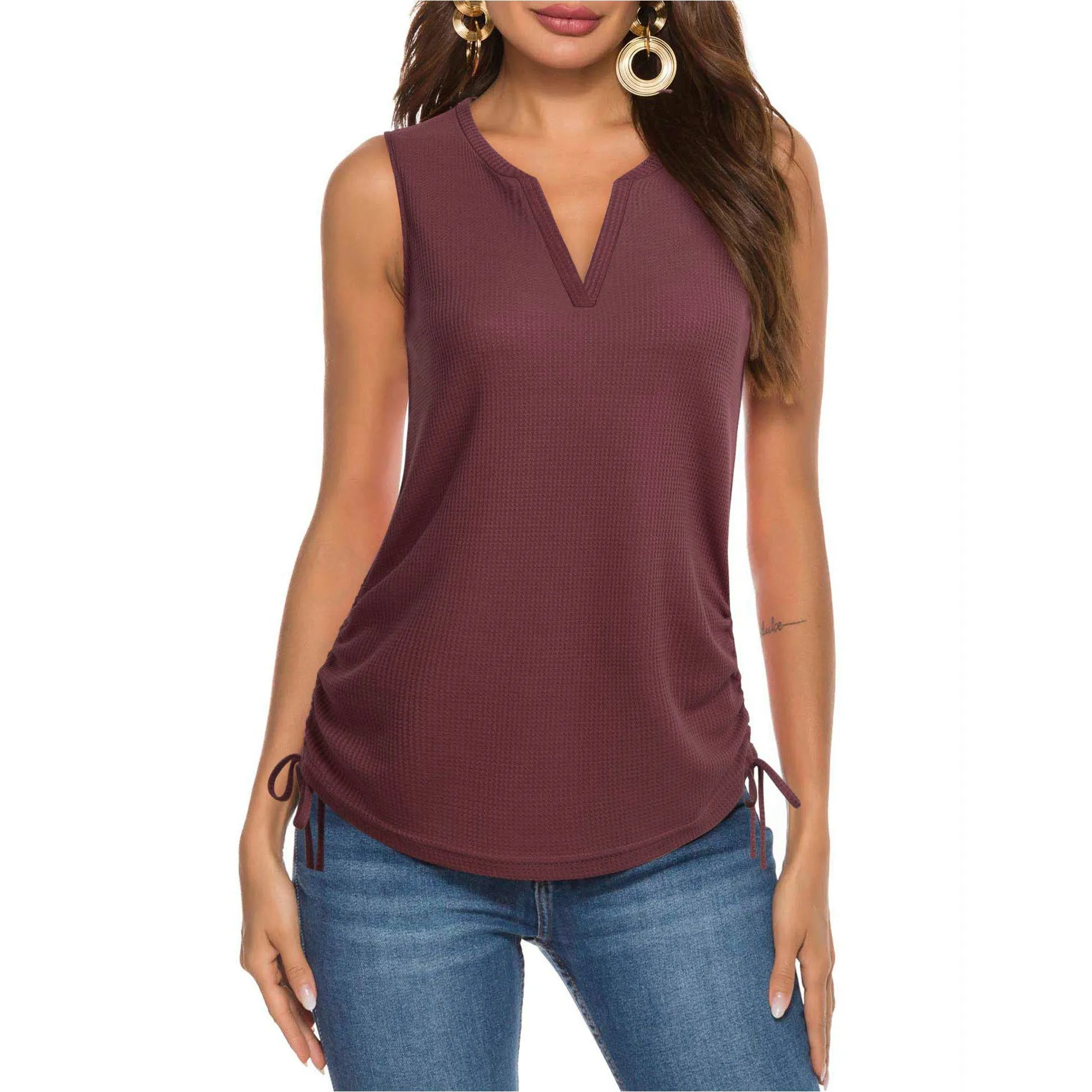 Women's Henley V Neck Summer Sleeveless Casual Waffle Tank Tops Shirts with Drawstring