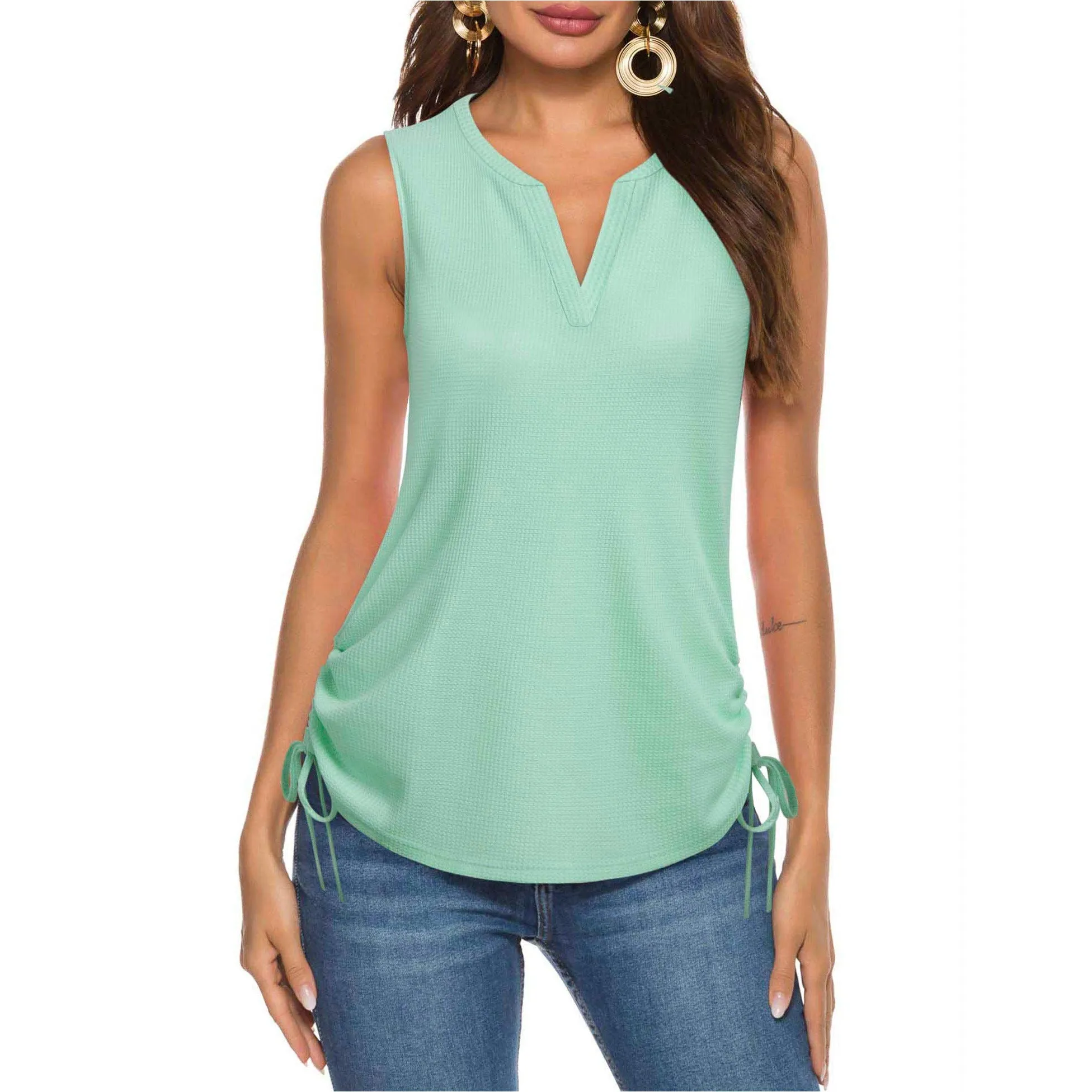 Women's Henley V Neck Summer Sleeveless Casual Waffle Tank Tops Shirts with Drawstring
